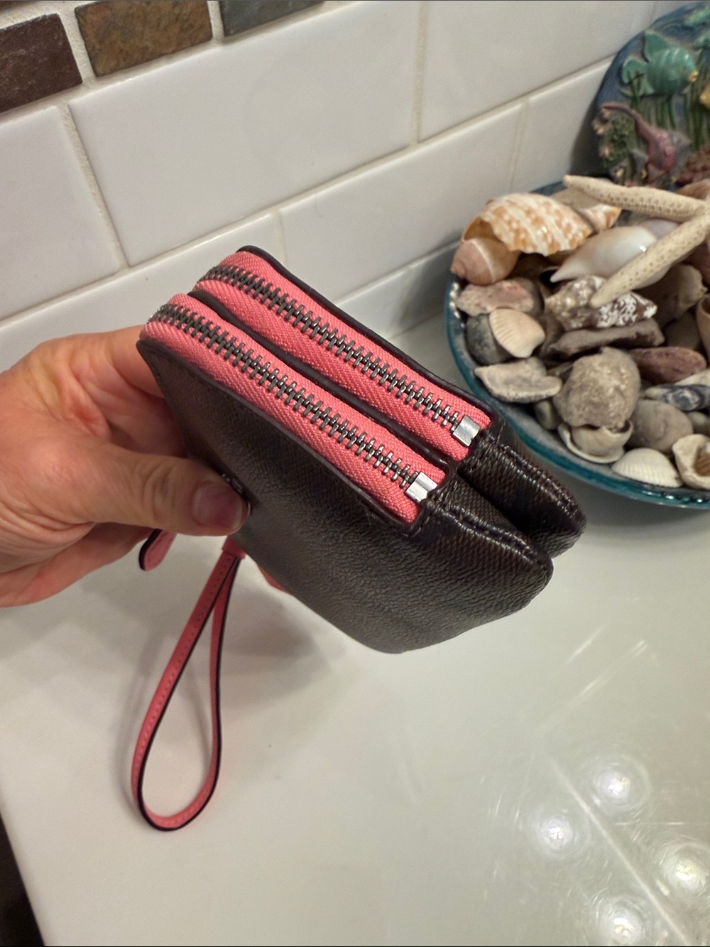 Coach Brown Signature Double Zip Wristlet with Pink Strap - Picture 6 of 10